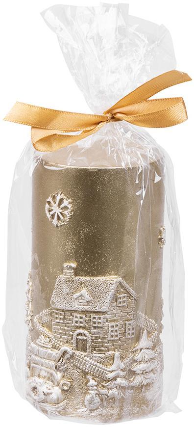 vianočná sviečka zlatá s motívom zasneženej krajinky s priemerom 7cm, výškou 12,5cm a dobou horenia 27 hodín v darčekovom balení